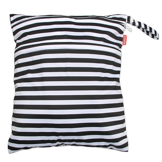 Damero Travel Wet and Dry Bag with Handle for Cloth Diaper, Pumping Parts, Clothes, Swimsuit and More, Easy to Grab and Go (Medium, Black Strips)