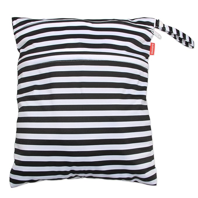 Damero Travel Wet and Dry Bag with Handle for Cloth Diaper, Pumping Parts, Clothes, Swimsuit and More, Easy to Grab and Go (Large, Black Strips)