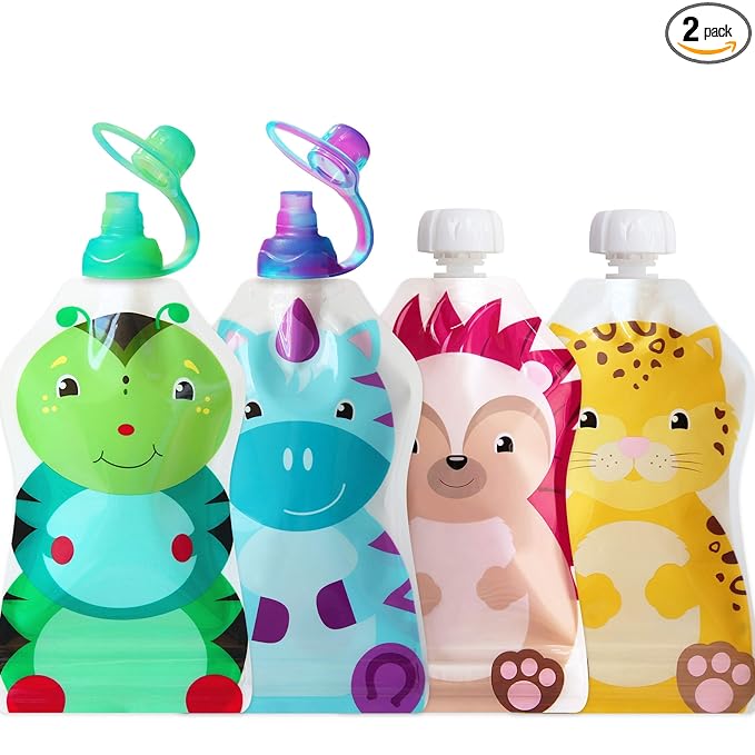 ChooMee Reusable Baby Food Pouch Starter Set, SnakPack | 4 CT, 5 oz | Includes SoftSip Pouch Tops, 2CT, Green Purple