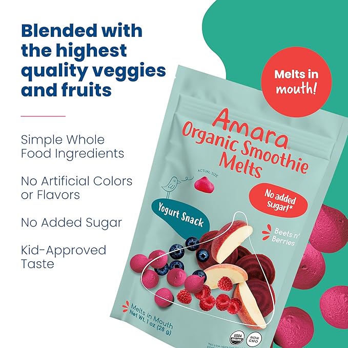 Amara Smoothie Melts - Beets n' Berries- Organic Baby Snacks w/ Fruits & Veggies - Plant Based Yogurt Melts - Healthy Toddler Snack - Activity Book Included - Enjoy From 10+ Mos - 6 Resealable Bags