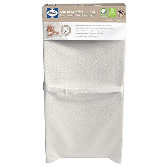Sealy Baby Cotton Comfort Waterproof 3-Sided Contoured Diaper Changing Pad for Dresser or Table, Durable Easy to Clean Surface, Eco Friendlier Cover & Soy-Enhanced Foam, Made in USA - White, 32x16”