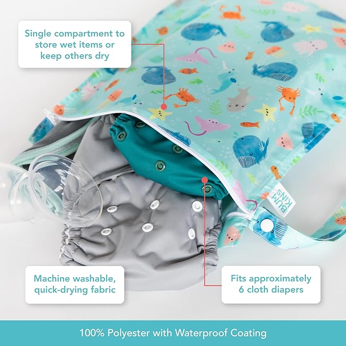Bumkins 3-Piece TSA Approved Clear Travel Bags and Waterproof Wet Bag for Baby Diapers, Swimsuits, Toiletries, Accessories, Ocean Life Blue