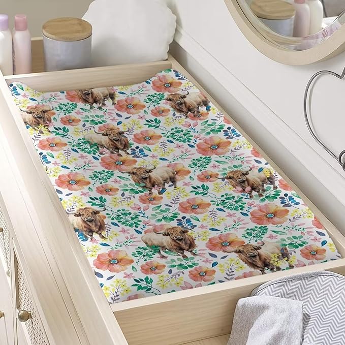 Highland Cattle Baby Changing Pad Cover Boys Girls Changing Table Cover Soft Breathable Cow Floral Diaper Changing Pad Cover Sheets