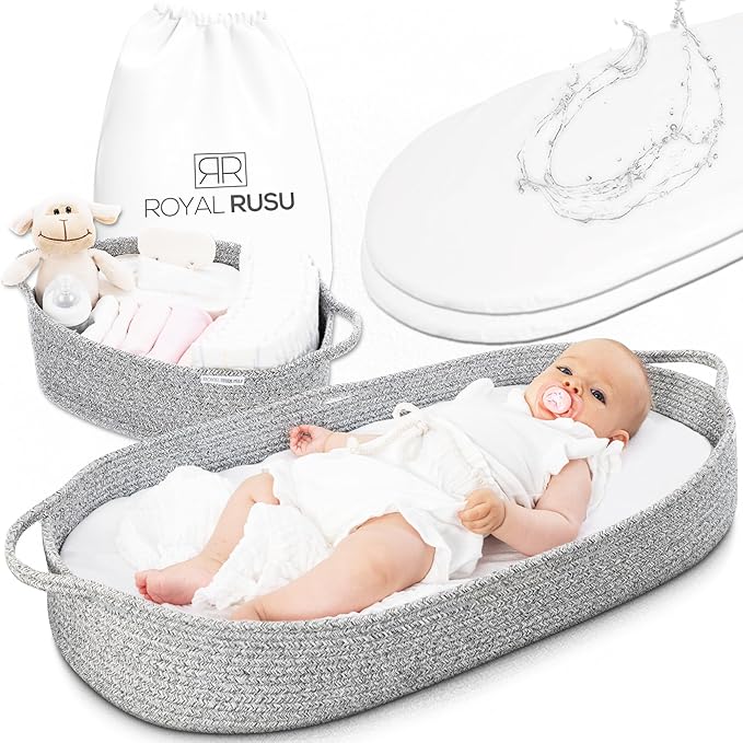 Royal Rusu Yours Baby Changing Basket - CPC Certified Cotton Rope Changing Pad - Grey - Soft Water Resistant Foam Pad with Removable Organic Cotton Cover