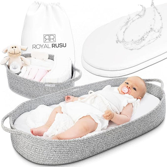 Royal Rusu Yours Baby Changing Basket - CPC Certified Cotton Rope Changing Pad - Grey - Soft Water Resistant Foam Pad with Removable Organic Cotton Cover