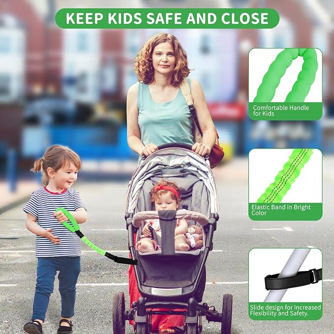 ONEDONE Stroller Handle for Toddler Travel 20" Stroller Strap for Kids to Hold Handle for Strollers, Wagons, Shopping Carts Soft Handle for Child Safety Keep Kids Close Green