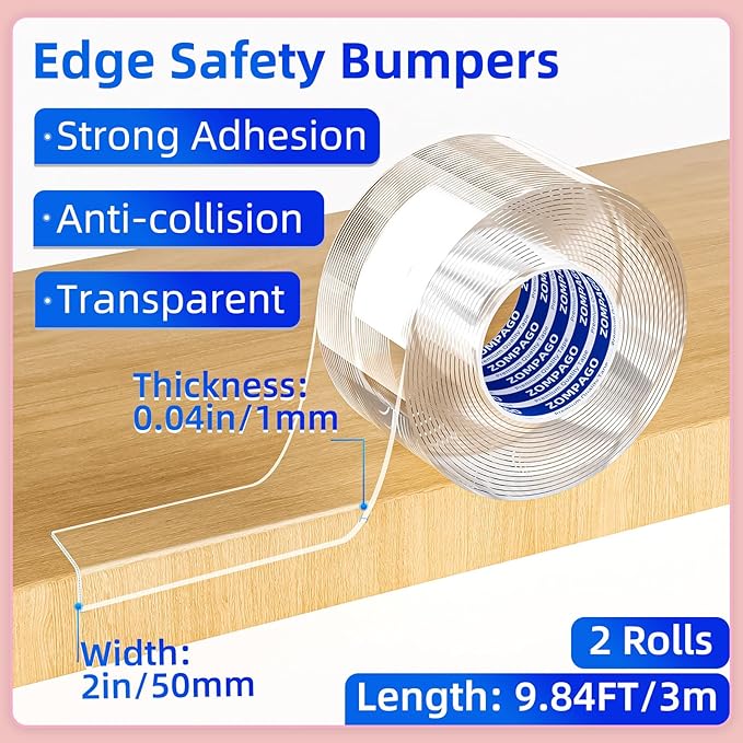 ZOMPAGO Clear Soft Corner Protectors for Baby Safety Furniture Strip 2 Rolls 2in(W) x9.84FT(L),Sharp Edge Table Corner Bumpers,Wall Corner Guards,Baby Proof Corner Protectors for Cabinet & Window Edge