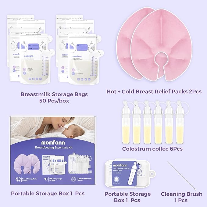 Breastfeeding Care Kit for Nursing Moms, 60 Piece Complete Gift Set with Milk Collector, 50 Storage Bags & Hot/Cold Packs - Relieves Engorgement & Improves Milk Flow，BPA-Free Essentials(Pink)