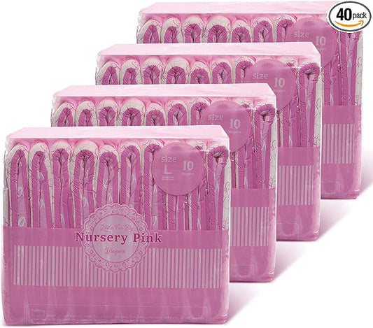 Littleforbig Adult Printed Diaper 40 Pieces (4 Packs) - Nursery Pink (Large 36"-46")