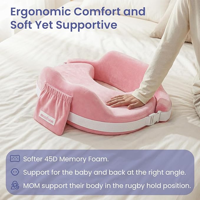 MOMFANN Nursing Pillow for Breastfeeding, 60D Firm Memory Foam, Ergonomic Lumbar Support & Safety Fence, Wider Cushion for Back Pain Relief, Adjustable Strap, Removable Machine Washable Cover - Pink