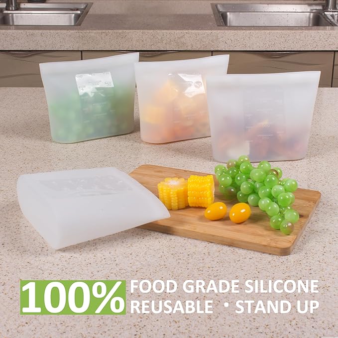 Bundle of 4 Pack 100% Silicone Reusable Food Storage Bags 33.8oz Translucent + 4 Pack 100% Silicone Reusable Food Storage Bags 50.7oz Translucent