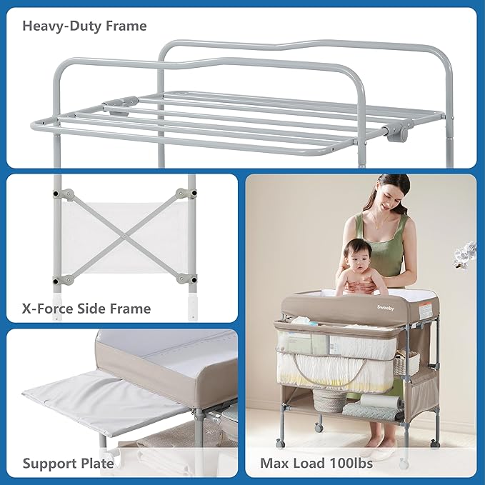 Sweeby Portable Baby Changing Table, Foldable Diaper Changing Station with Waterproof Pad, Mobile Nursery Organizer for Infant & Newborn Essentials, Light Khaki, Standard