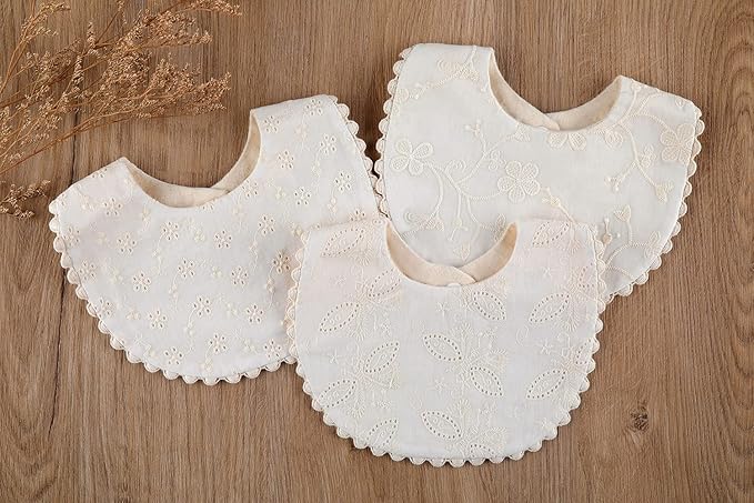 Baby Bib For Girls,Reversible Waterproof Handmade Natural Cotton Baby Drool Bib 0-12 months 2 Pack (off-white color A, 0-12 months)
