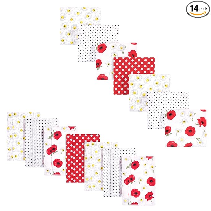 Hudson Baby Unisex Baby Cotton Flannel Burp Cloths and Receiving Blankets, 14-Piece, Poppy Daisy, One Size