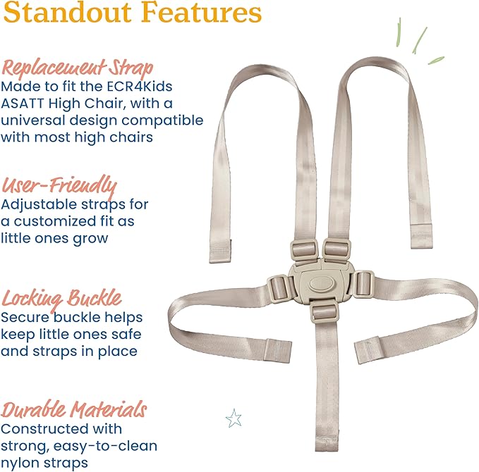 ECR4Kids Universal 5-Point T-Lock Harness, Compatible with ASATT High Chair, Replacement Part, Grey