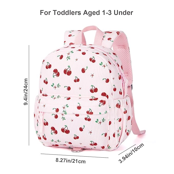 Corduroy Toddler Backpack with Detachable Leash and Anti-Lost Wrist Link, Safety Harness Walking Backpack for Toddler Boys Girls 1-3, Cute Cherry Travel Backpack with Leash for Kids