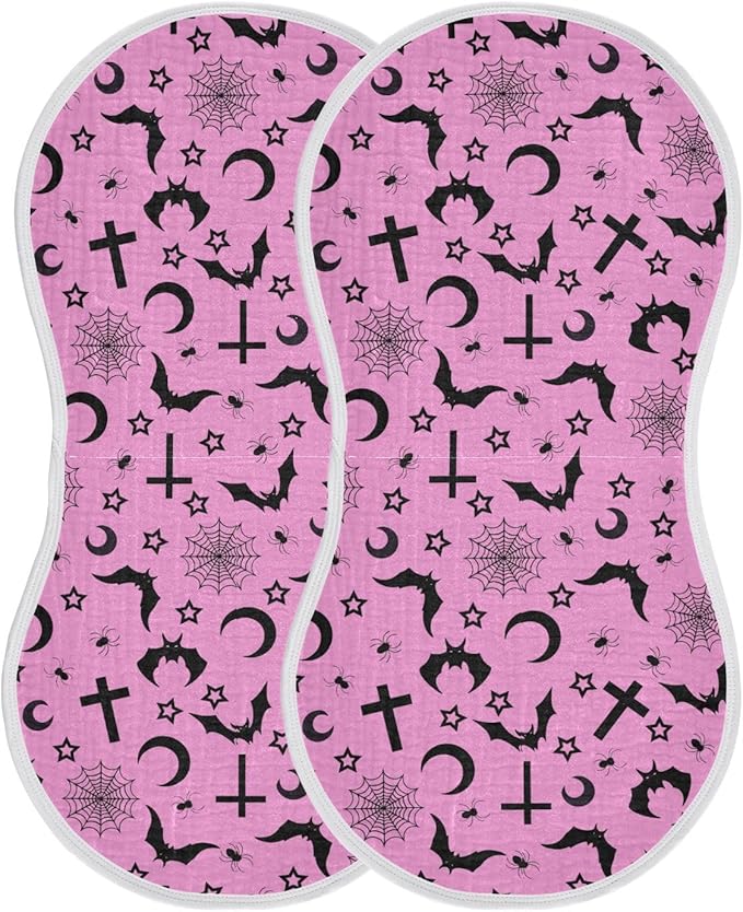 Muslin Burp Cloths for Baby Boys and Girls - 2-Pack Ultra Absorbent Bats Crosses Stars Gothic Muslin Washcloths, Newborn Towel, Milk Spit Up Rags, Burp Cloth Bib for Unisex, 22 x 11 Inch
