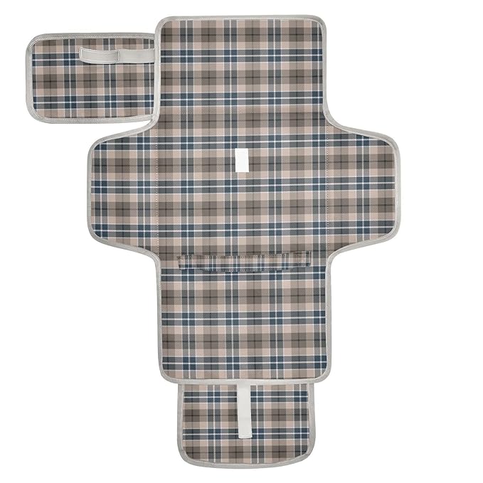 Brown Plaid Checkered Portable Diaper Changing Pad with Wipes Holder, Geometric Gingham Foldable Baby Diaper Changer Travel Bag Rustic Baby Changing Mat with Built-in Pillow for Newborn