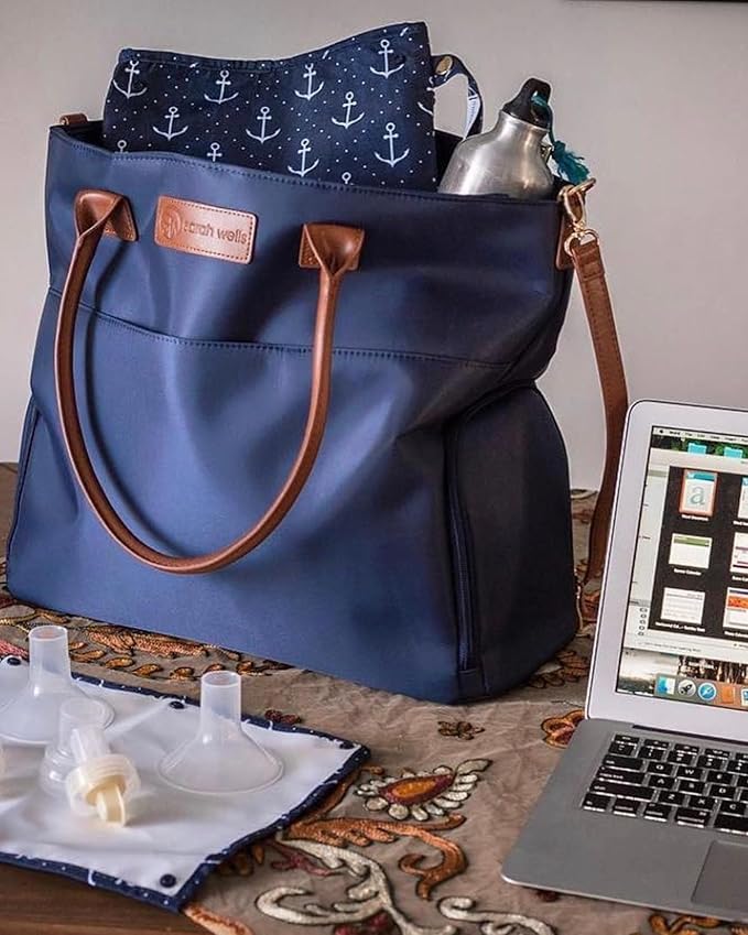 Sarah Wells Abby Breast Pump Tote with Real Leather Straps – Stylish Pumping Bag with Insulated Pockets, Laptop Storage & Easy-Clean Interior – Professional Breast Pump Bag for Work & Travel (Navy)