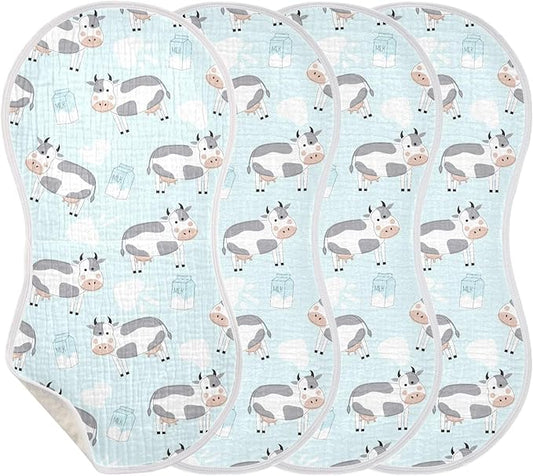 Muslin Burp Cloths for Baby Boys and Girls - 4-Pack Ultra Absorbent Cow Muslin Washcloths, Newborn Towel, Milk Spit Up Rags, Burp Cloth Bib for Unisex, 22 x 11 Inch