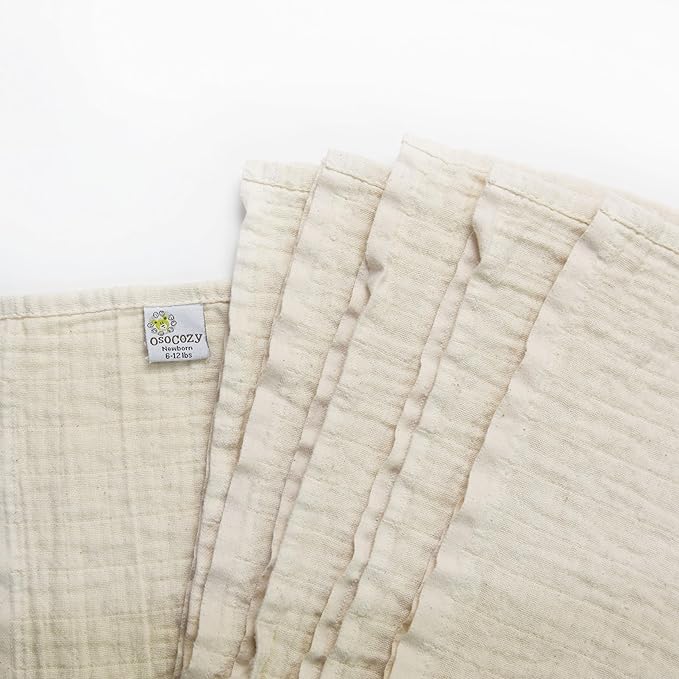 OsoCozy Organic Muslin Flat Cloth Diapers - Made of Ecologically Friendly, Soft, Absorbent, Double Layered 100% Organic Cotton. 6 Pack. Newborn Fits 6-12 Pounds.