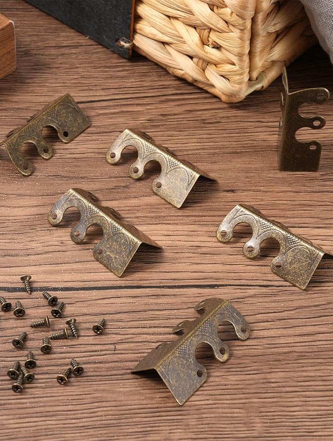 12 Pack Brass Baseboard Corner Protectors with Screws, 1.89 x 0.72 Inch Vintage Brass Skiffers with Screws for Furniture, Cabinet, Drawer and Table Protection