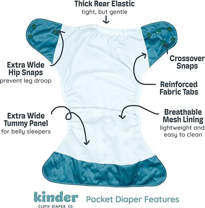 Kinder Cloth Diapers Reusable Baby Diapers Pocket Style Athletic Wicking Jersey, Bamboo Viscose Inserts, Wet Bag, Newborn to Potty Training 7-60lbs, One Size (Great Outdoors, 5 Pack, with Inserts)