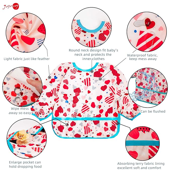 Joyo roy Mess Proof Baby Bibs for Baby Girl Waterproof Toddler Bibs 1-3 Years Soft Machine Washable Long Sleeve Bib for Eating Travel Reusable Apron for Feeding Bib with Food Catcher