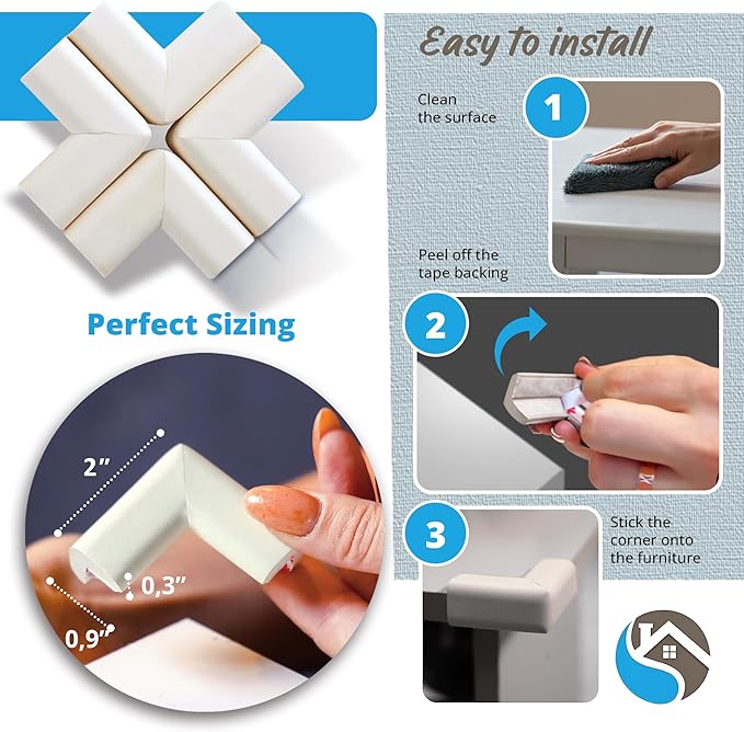 8-Pack Baby Proofing Corner Guards, Soft Rubber Corner Protectors for Furniture, 3M Adhesive Pre-Taped Corner Bumper Guards, Child Proof Safety for Fireplace, Table, Cabinet & Stairs, White