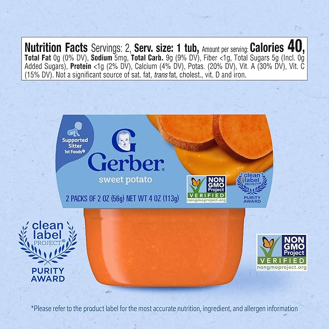 Gerber Stage 1 Baby Food, Sweet Potato Puree Tub, No Artificial Colors or Flavors, Baby Puree, 16-Pack
