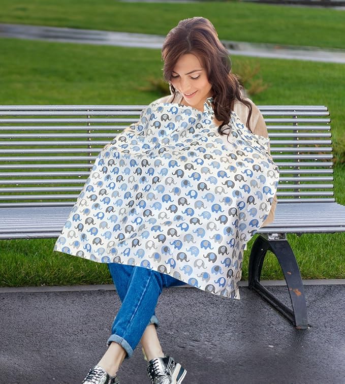 Vera Elephant 100% Breathable Cotton Nursing Cover (Blue Grey)