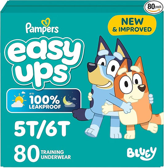 Easy Ups Girls & Boys Potty Training Pants, Size 5T-6T, 80 Count, Bluey Absorbent Training Underwear, Up to 100% Leakproof Day and Night, Hypoallergenic (Packaging May Vary)