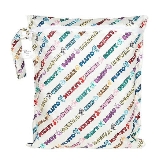 Bumkins Disney Waterproof Wet Bag for Baby, Travel, Swim Suit, Cloth Diaper, Pump Parts, Pool, Beach, Gym Clothes, Toiletry, Hook to Stroller, Daycare, Zipper Reusable Wetdry, Mickey and Friends White