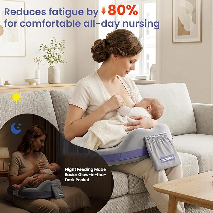 MOMFANN Nursing Pillow for Breastfeeding, 60D Firm Memory Foam, Ergonomic Lumbar Support & Safety Fence, Wider Cushion for Back Pain Relief, Adjustable Strap, Removable Machine Washable Cover -Gray