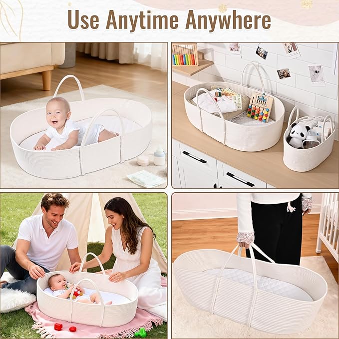 Changing Baskets Set,Moses Basket with Pad and Diaper Caddy,Set of 2 Baskets,Portable Cotton Rope Woven Basket,Replaceable Pad,Gifts for Newborn 28.7" x 15.7" x 7.8"（White）