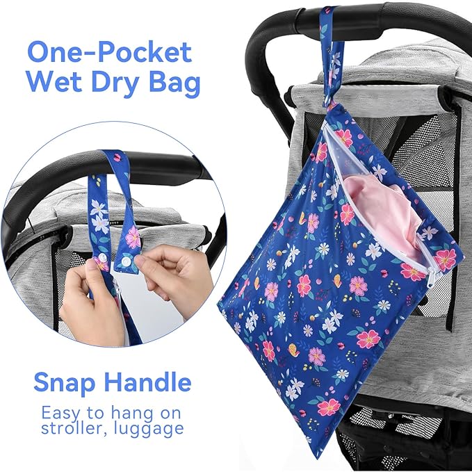 OTraki 3 Pack Waterproof Wet Dry Bag with Zippered & Handle Reusable Wet Clothes Bag Baby Cloth Diaper Wet Bags for Swimming Travel Beach Pool Gym,Drying Do Not Exceed 176℉ (Flower Pattern)