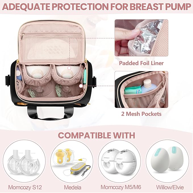 Fasrom Wearable Breast Pump Bag with Cooler Compartment Compatible with Momcozy, Medela and Willow Pumps, Portable Pumping Carrying Case with Waterproof Mat, Black (Empty Bag Only)