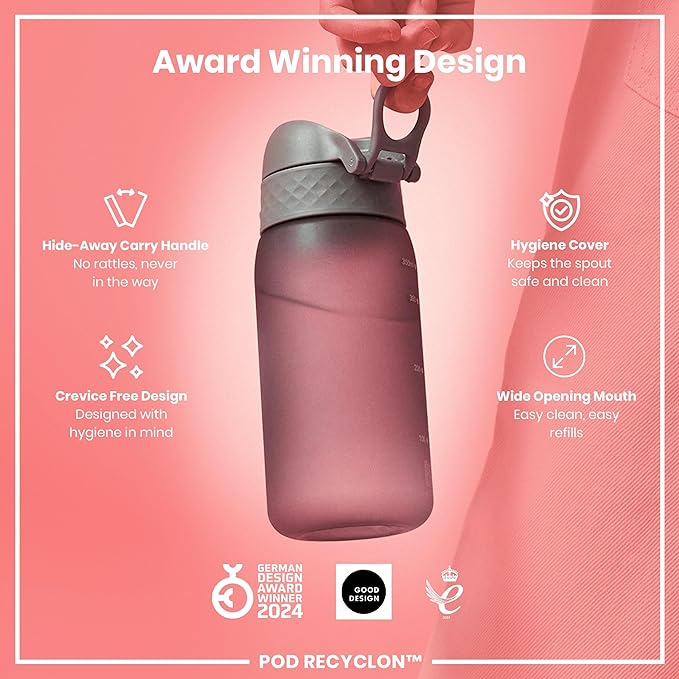 Ion8 Small Water Bottle, 350 ml/12 oz, Leak Proof, Easy to Open, Secure Lock, Dishwasher Safe, BPA Free, Carry Handle, Hygienic Flip Cover, Easy Clean, Odor Free, Carbon Neutral, Grey