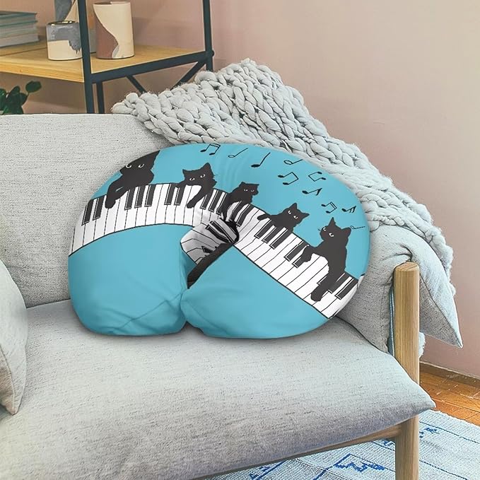 Music Note Nursing Pillow Cover with Black Cat Printed for Feeding Pillow U-Shaped Breastfeeding Pillow Cover Hidden Zipper Design Soft and Skin-Friendly