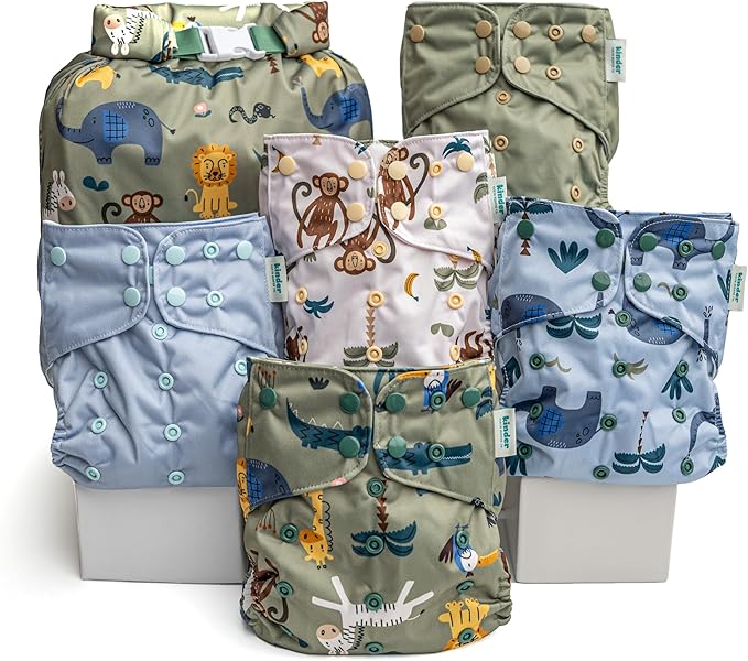 Kinder Cloth Diapers Reusable Baby Diapers Pocket Style Athletic Wicking Jersey, Wet Bag, Newborn to Potty Training 7-60lbs, One Size, Inserts NOT Included (Safari Friends, 5 Pack, Without Inserts)