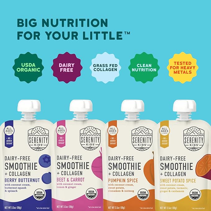 Serenity Kids 6+ Months Dairy Free Smoothie Baby Food Pouches - Protein Snack Pouches with Grass-Fed Collagen & Healthy Fats - USDA Organic Baby Food with No Added Sweeteners - 3.5 Fl Oz, Pack of 8
