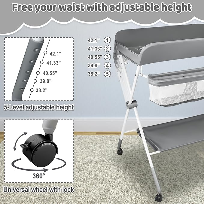 Baby Changing Table, Portable Folding Diaper Changing Station with Wheels, Adjustable Height Nursery Organizer with Safety Belt & Storage Basket & Hanging Rack for Newborn Baby and Infant (Gray)