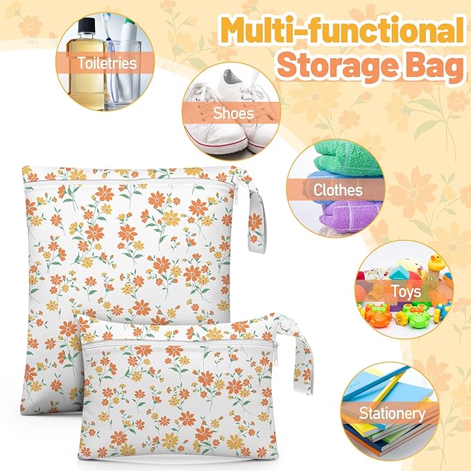 Reginary 8 Pack Wet Dry Bags Large & Small Waterproof Reusable Travel Zipper Pouches for Baby Diapers Family Wet Clothes Beach Swimsuits Toiletries(2 Sizes,Flower,Multicolor)