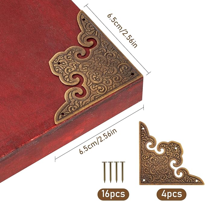 Antique Brass Decorative Box Corner Protector, 4Pcs Wooden Jewelry Gift Box Cabinet Chest Accessories Guard Edge Cover Flat Corner Brace (Bronze, Printing Pattern)