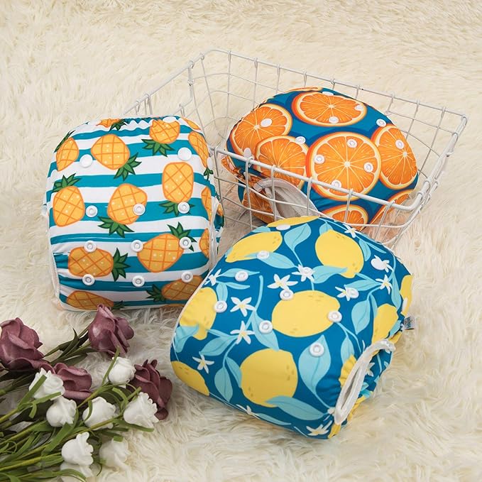 Babygoal Baby Swim Diapers 3 Pack for 0-8 Months Infant Girls and Boys, Reusable Adjustable Washable for Swimming Lessons-Pineapple,Lemon,Grapefruit