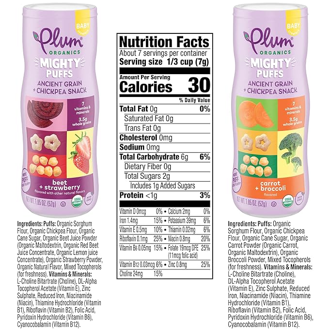 Plum Organics Mighty Puffs Snack For Babies - 12ct Bundle - Includes Beet & Strawberry (Pack of 6) and Carrot & Broccoli (Pack of 6) - Ancient Grain & Chickpea Snacks