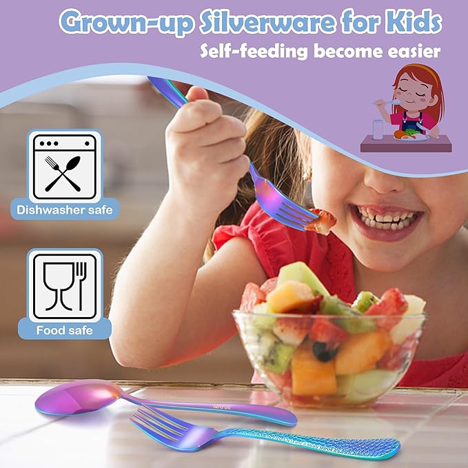 E-far Toddler Forks and Spoons Set, 10-Piece Stainless Steel Toddler Utensils Kids Safe Silverware for Self Feeding, Healthy & Non-Toxic, Rainbow