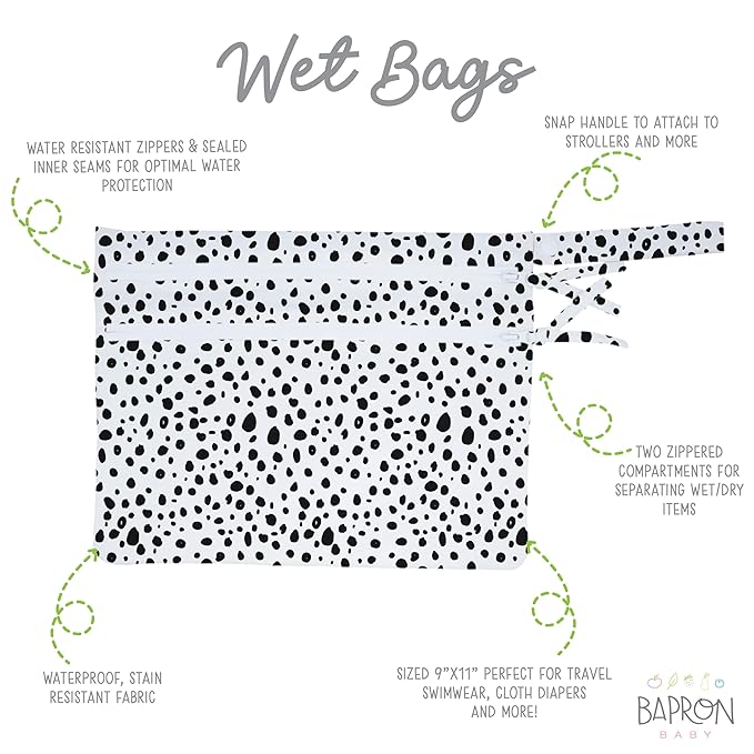 BapronBaby Organic Dot Wet Dry Bag - Waterproof Two Zipper Pockets - Reusable for Mealtime, Diapers, Stroller, Snacks, Swimsuits - Machine Washable - 11" x 9"