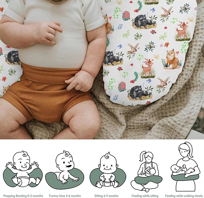 Spring Animals Baby Nursing Pillow Covers for Boy Girl Raccoon Deer Bird Snails Floral Leaves Nursery Pillowcase for Breastfeeding Pillows Animal Soft Stretchy Slipcover for Infant