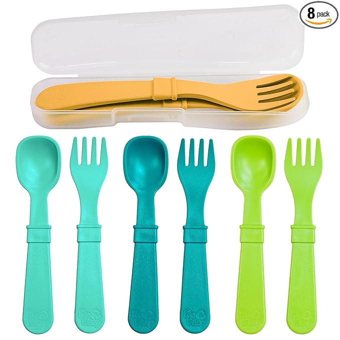 Re-Play Toddler Forks and Spoons Set - 4x4 Utensils Set for Kids - Dishwasher and Microwave Safe - Made in USA - Set of 8-5.8" x 1.2" x 0.2" - Aqua Asst